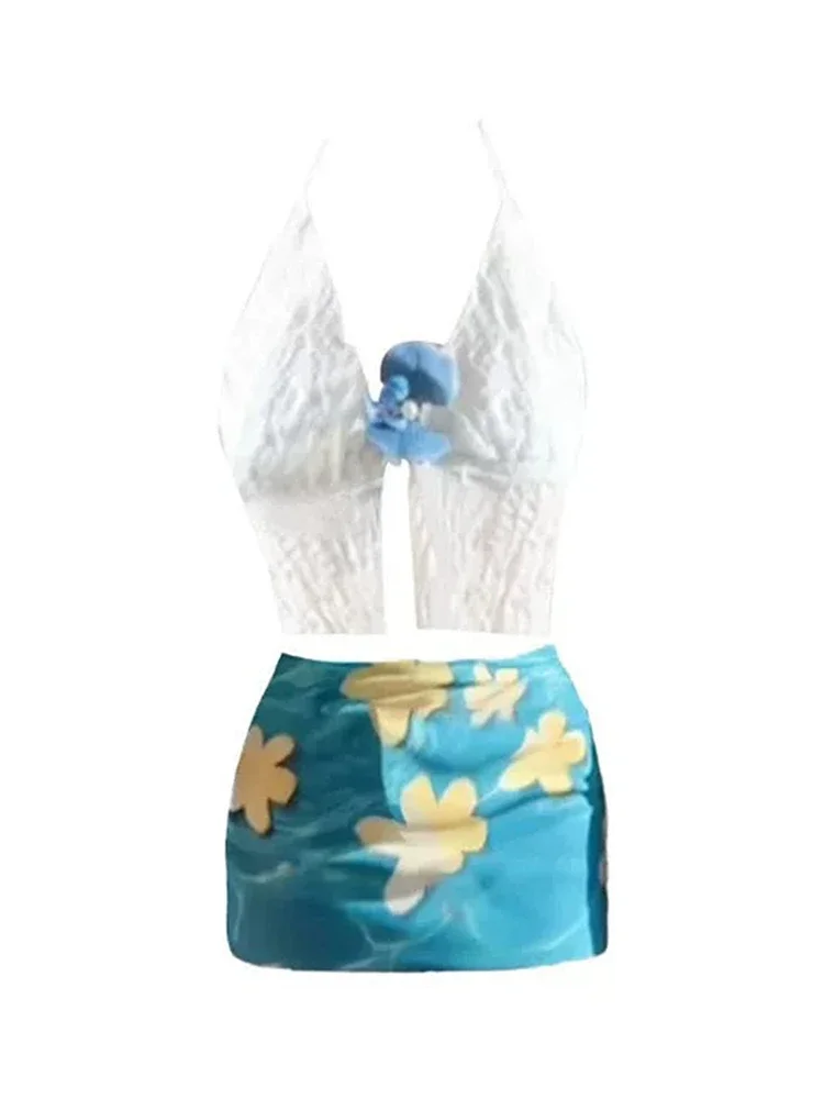 OIINAA ชุดว่ายน้ําเซ็กซี่ผู้หญิงคอลูกไม้ Crop Tops ดอกไม้พิมพ์กระโปรงชายหาดฤดูร้อน 2025 เกาหลี Spice Girls ชุดบิกินี่