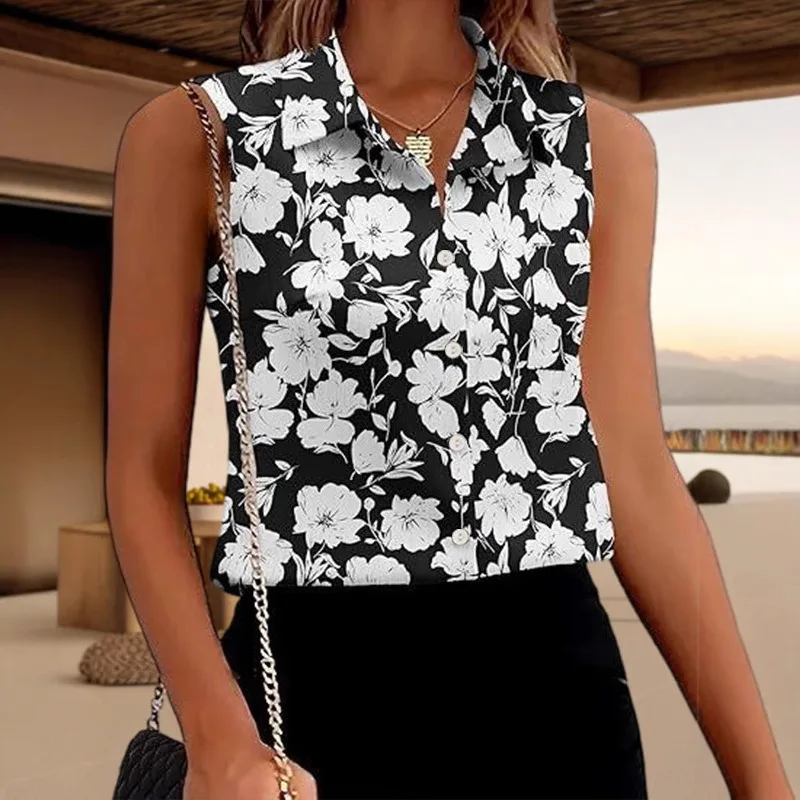 

Women's Black White Floral Print Sleeveless Blouse Turn Down Collar Button Down Casual Summer Shirt Top