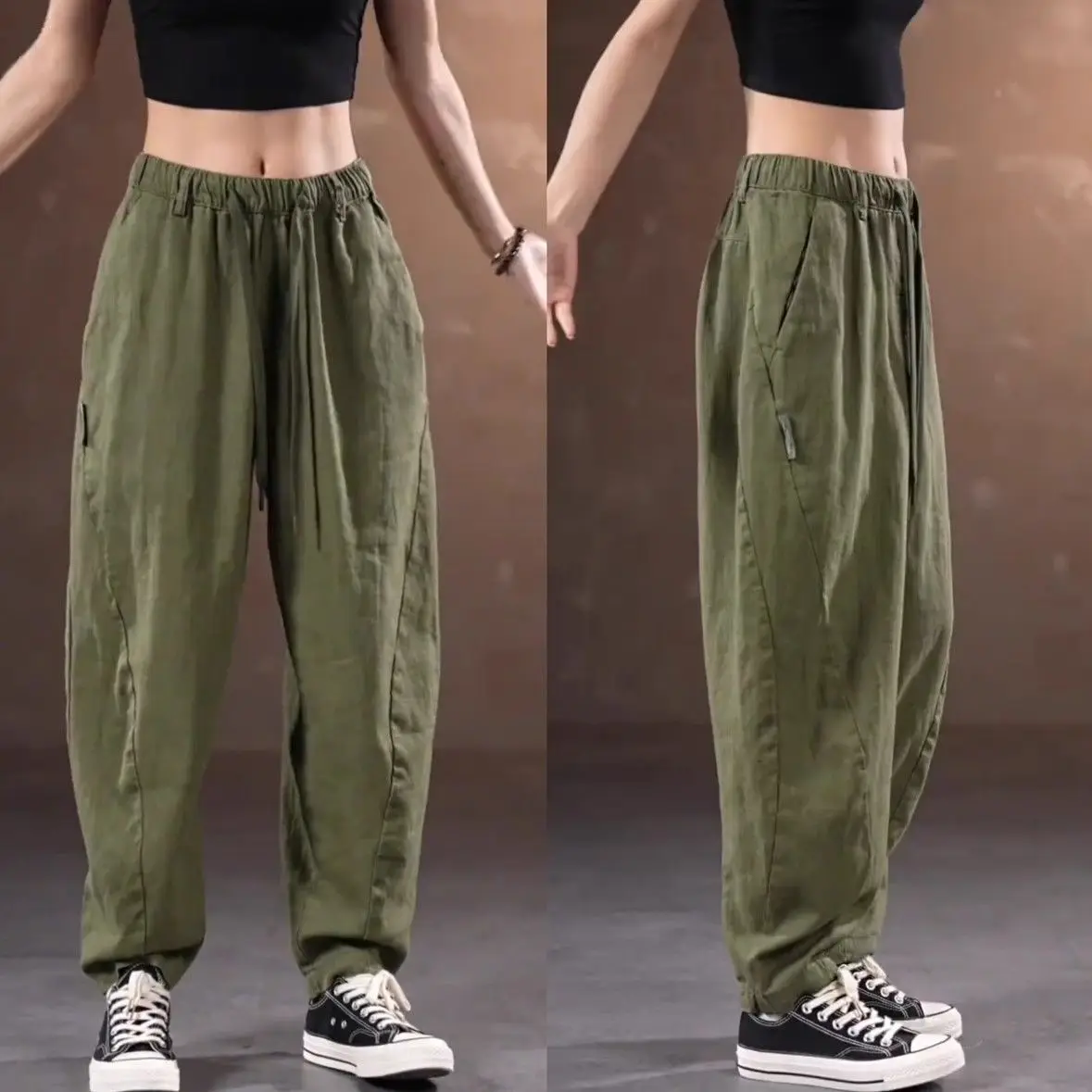 

Korean Design Sense 2025 Summer New Men's and Women's Solid Color Cotton and Linen Straight Middle-aged Young Baggy Casual Pants