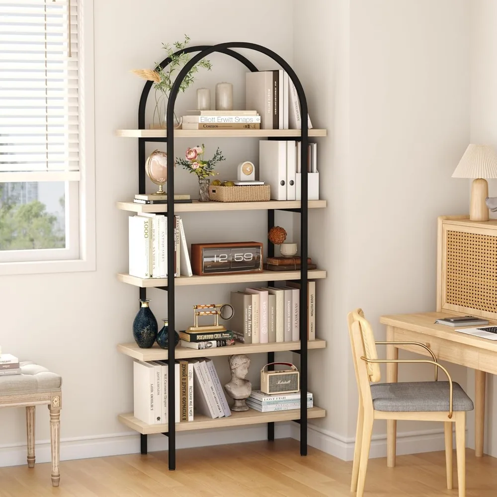 رف كتب مكون من 5 طبقات مقوسة، أرفف كتب صناعية مفتوحة بطول 74 بوصة لغرفة المعيشة، رفوف عرض حديثة قائمة بذاتها