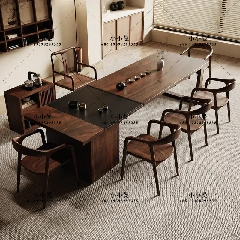 Solid Wood Tea Table Large Office Tea Room Log Table with Integrated Tray South American Walnut
