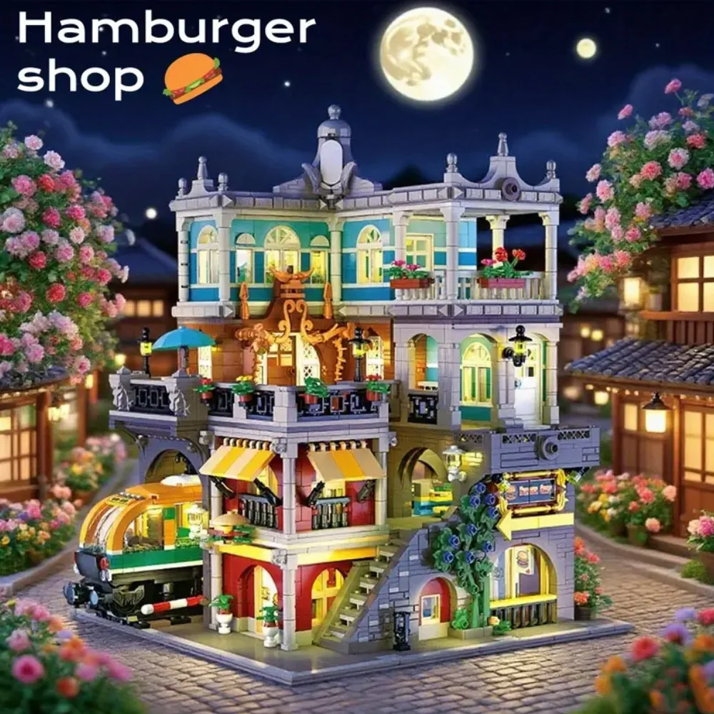 

Creative City Burger Shop Building Blocks Model With Light View Street Scence Subway Bricks Toys Kids Adult Puzzle Gifts 3289PCS