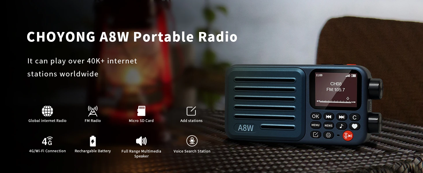 Choyong A8W Tragbares Internetradio (GLOBALE VERSION) mit WIFI & 4G FM, Micro-SD-Karte, Digitales Taschenradio für die ganze Welt, choyong – Detail 1