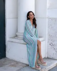 Robe de plage maxi astronomique faite à la main, haute qualité, slip 100%, col en V profond, évider, deux couleurs, couverture de plage transparente, avec crochet