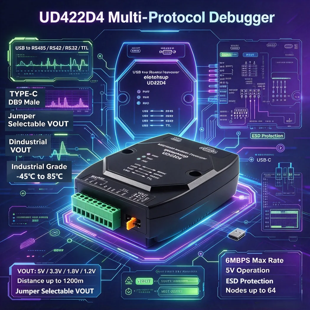 UD422D4 Type-C USB Debugger CH343G 4 in 1 USB to RS485 RS422 RS232 TTL Serial Adapter 6Mbps Multi-level Voltage Output