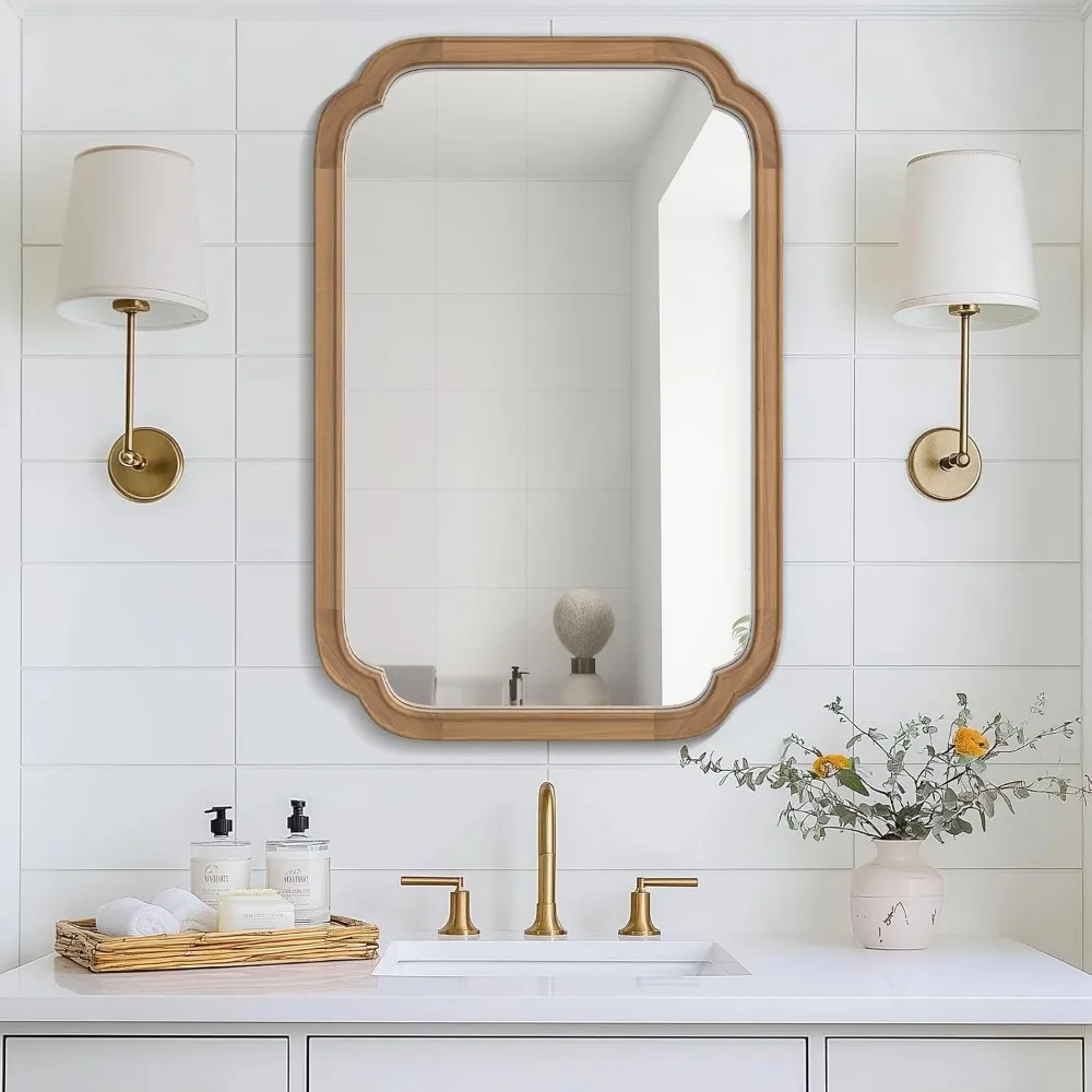 Sculpted Corners Arched Rectangle Wall Mirror with Wooden Frame for Home Entryway, Living Room, and Bedroom Decor
