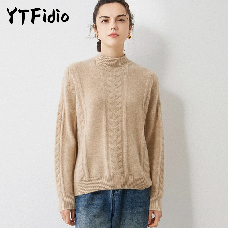 Ytfidio 100% Kasjmier Vrouwen Half Hoge Kraag Trui Streetwear Effen Gebreide Coltrui Losse Zachte Trui Dames Tops 20