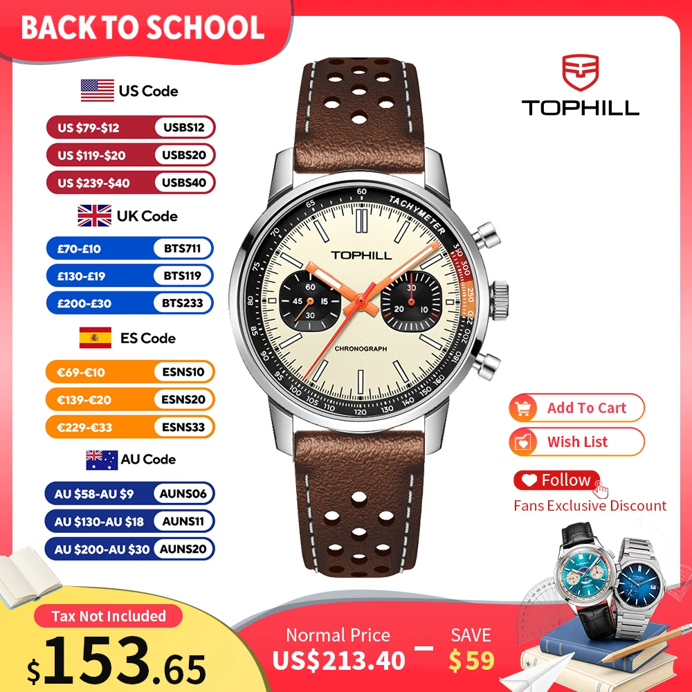 TOPHILL Uhr 1963 Chronograph Mechanische Armbanduhr 40mm Seagull ST1901 Uhrwerk Piloten-Herrenuhr 5ATM Saphirglas Leuchtend TL025G