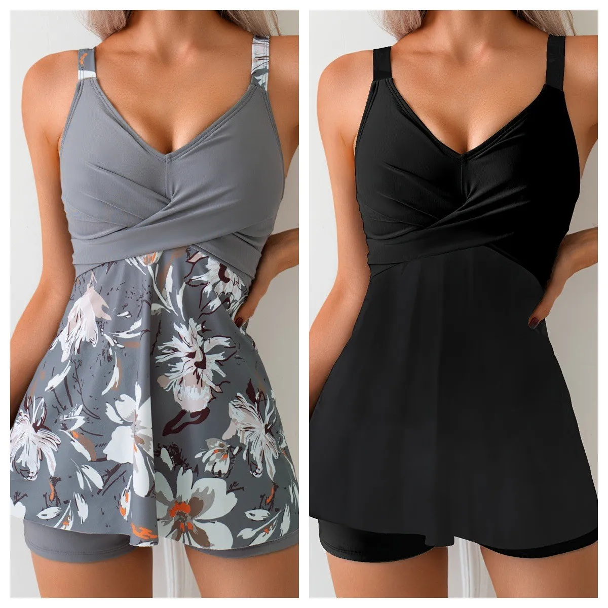 Swimsuit Woman Tankini Two Piece V Neck Tankini Top Tummy Control Swim Tankini Modest High Waisted Shorts Black Tankini Set