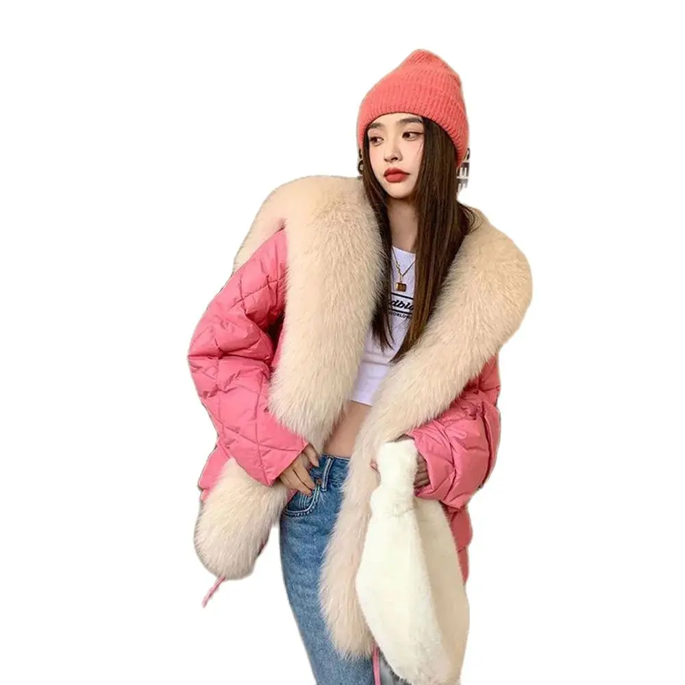 2024 New young Warm Imitation Fox Wool Cotton-padded Jacket Female Fleece Cotton-padded Jacket Long Fashion School To Overcome.