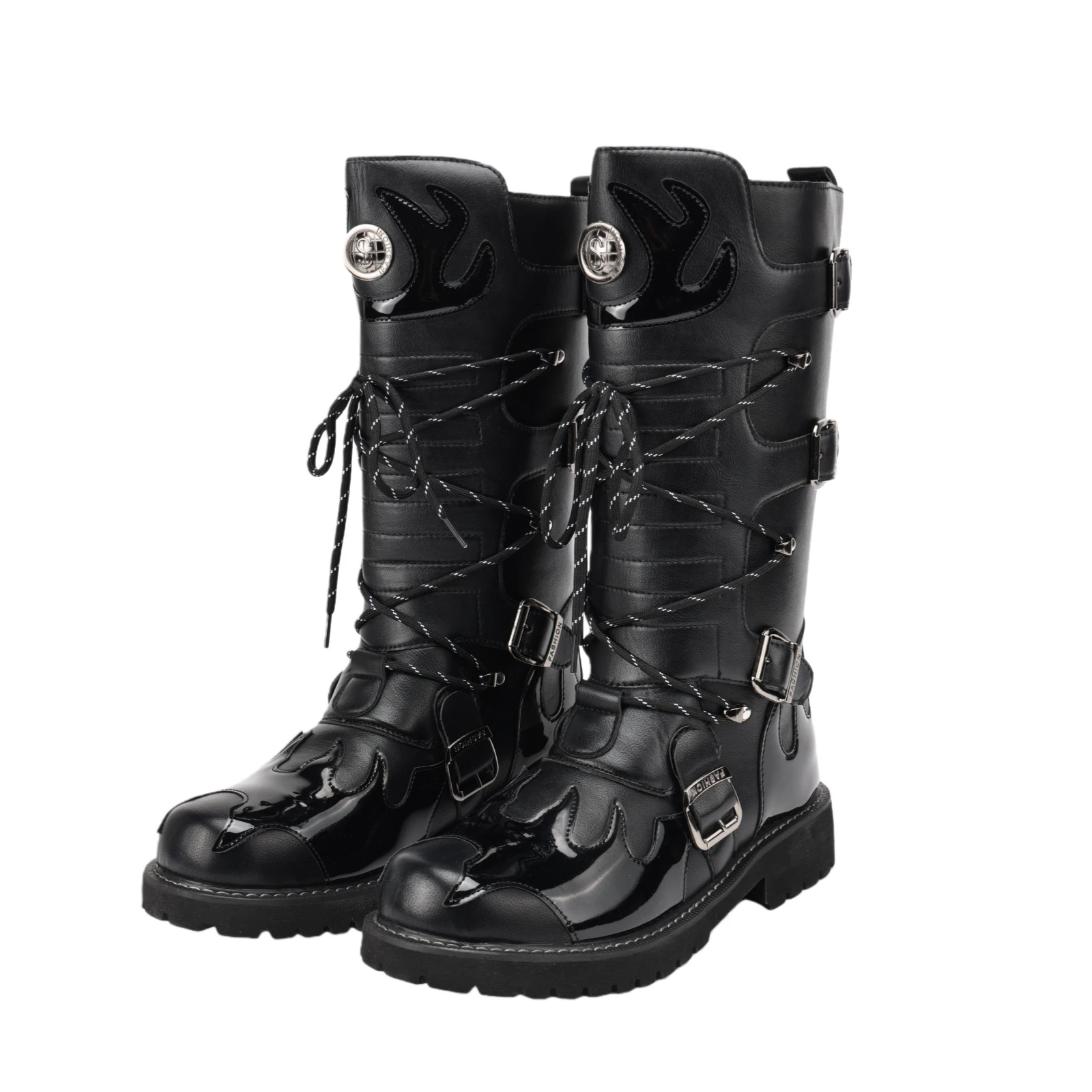 

Men Motorcycle Boots Fashion Mid-Calf Punk Pu Leather Lace Up Boots Black High Top Mens Casual Knight Boot Thick Bottom Low Heel