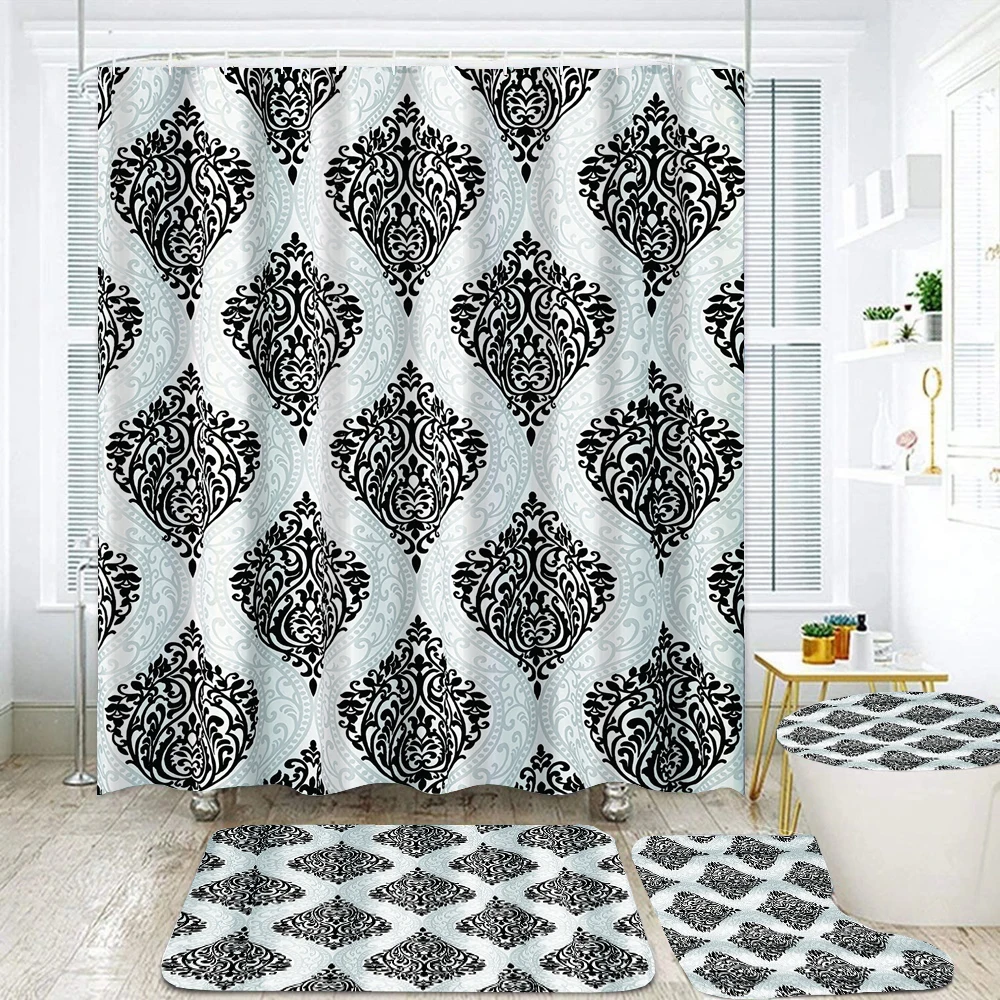 

European Pattern Print Black Shower Curtains 3D Bathroom Curtain Set Anti-slip Bath Mat Soft Toilet Lid Cover Home Rugs Carpets
