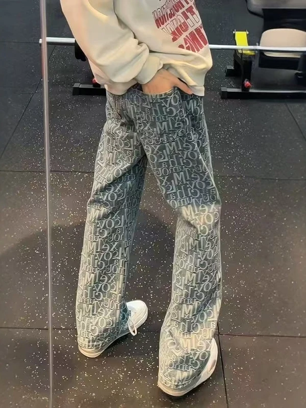 

Light Blue Embroidered Letter Denim Jeans Men's Sle American Vibe Slim Fit Bootcut Pants mid Waist Button Cotton Blend