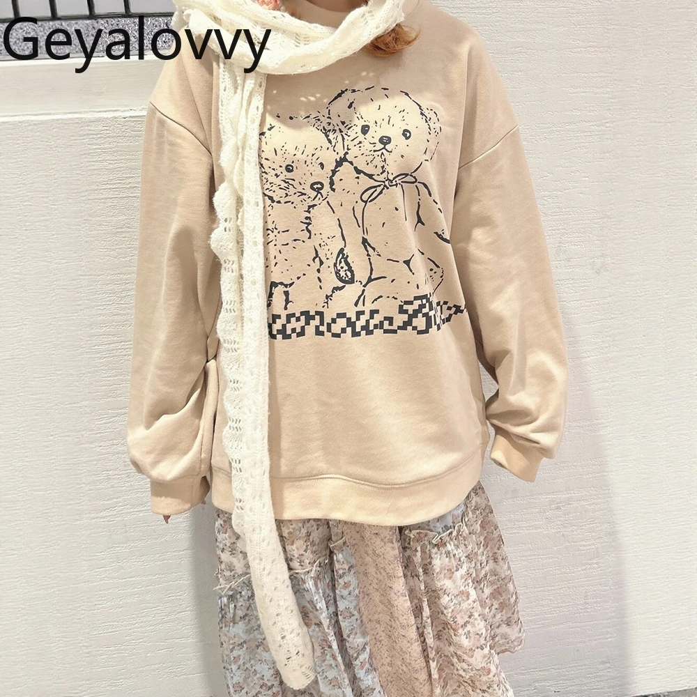 Słodkie, uniwersalne bluzy z kapturem z nadrukiem kreskówkowym, luźny krój, jesień-zima, nowa bluza z okrągłym dekoltem, długi rękaw, frotte, dla kobiet.