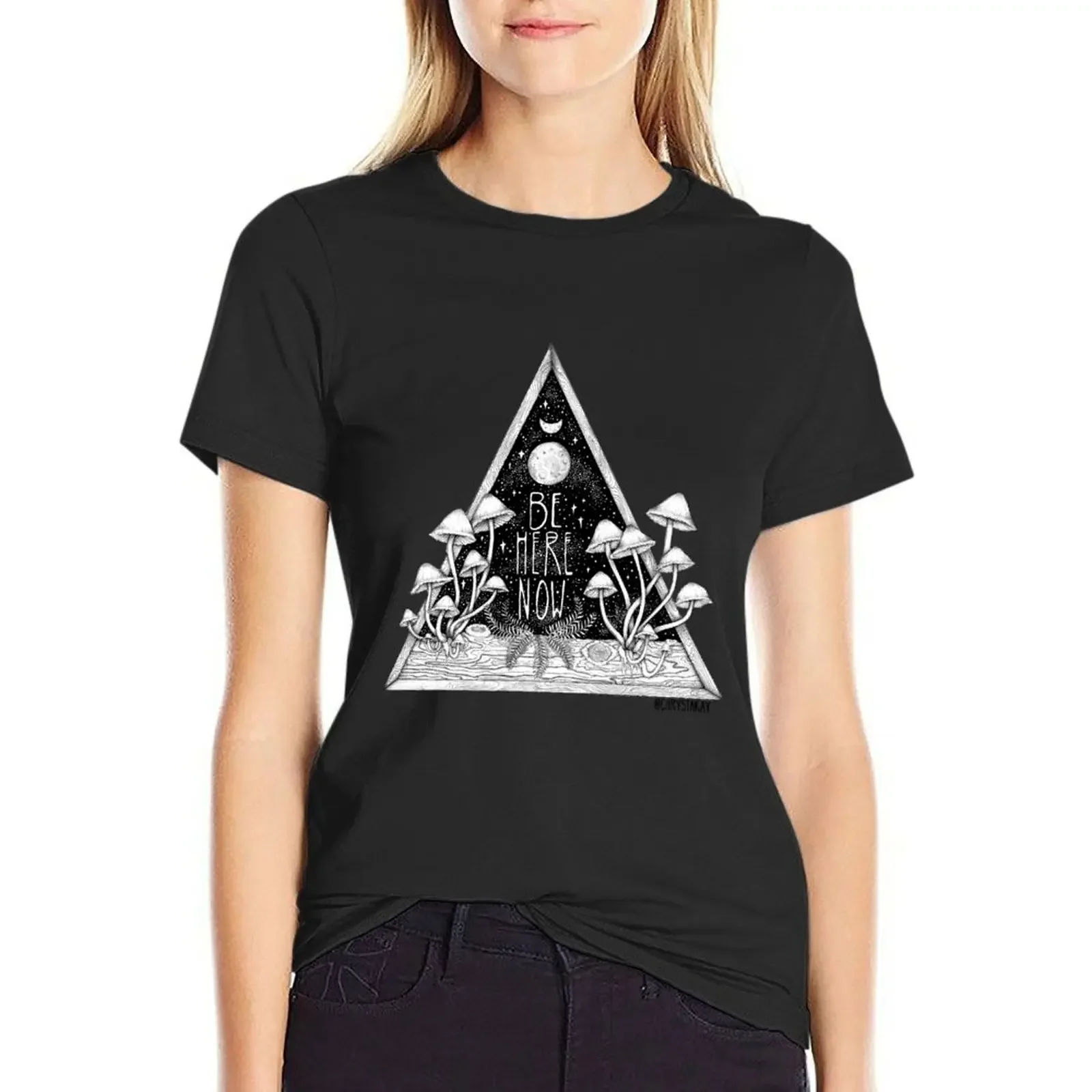 

Be Here Now || Zen typography mushroom illustration T-Shirt blacks tops funny funnys western t shirts for Women