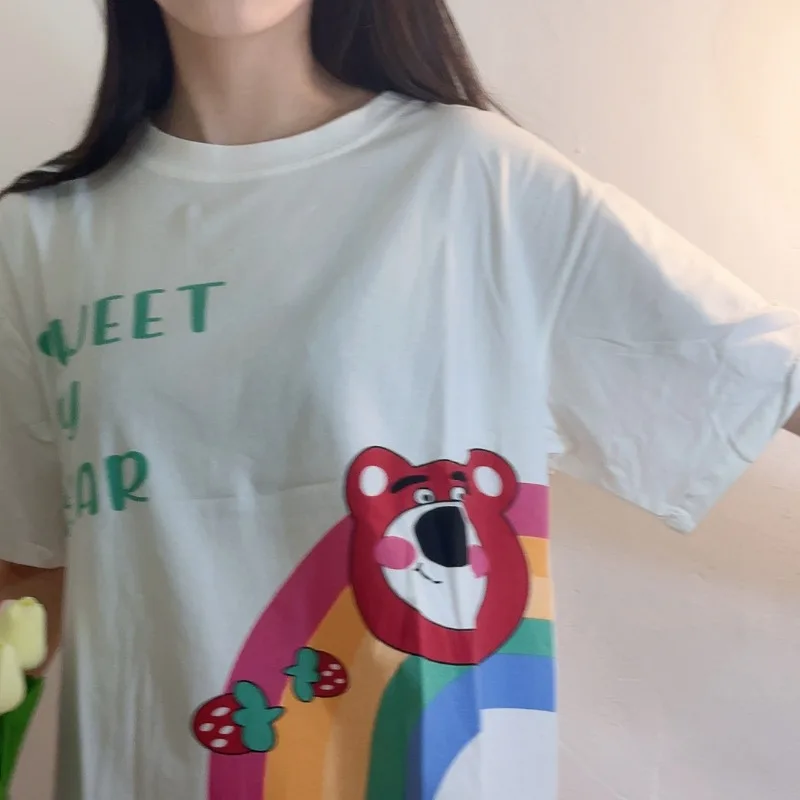 Pyjama à col rond ours fraise, ensemble pantalon à manches courtes, dessin animé Sanrio, doux et décontracté, vêtements de maison, printemps et été