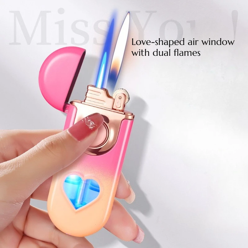 

Metal Lighter Can Be Easily Converted Into Transparent Heart-shaped Window One-button Dual-flame Cigarette Accessories