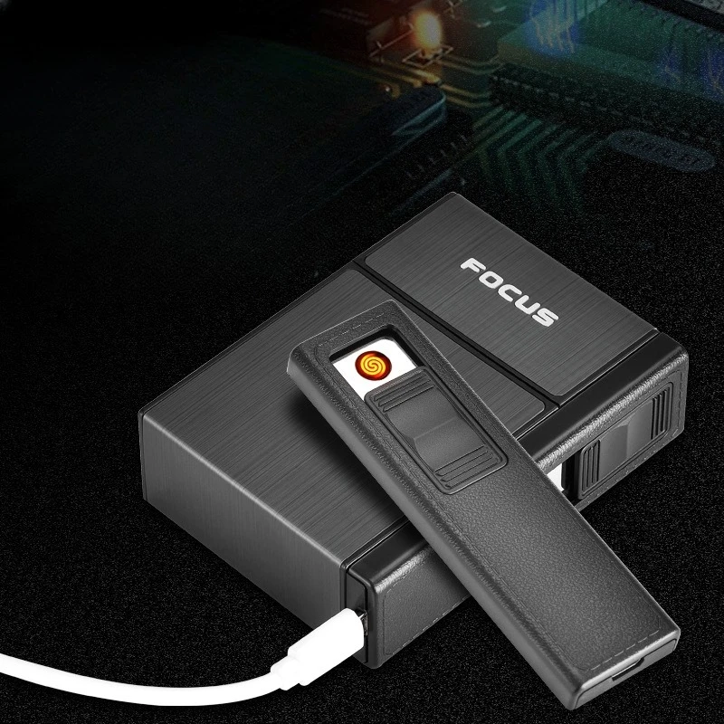 Electric Tungsten Coil Lighter Metal Windproof Flameless USB Rechargeable Highpower Cigarette Lighter with Cigarette Box Gifts
