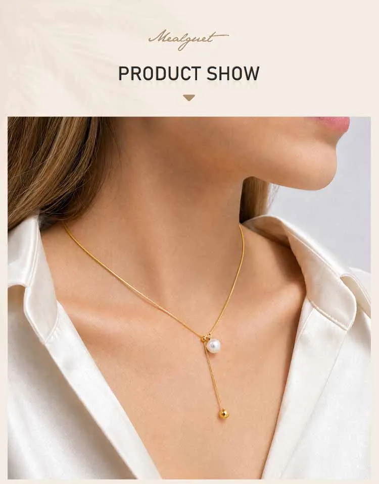 Perlen-Lariat-Halskette für Damen, vergoldete Edelstahl-Y-Halskette mit verstellbarer Schiebekette und Perlenanhänger, zarter Schmuck – Detail 1