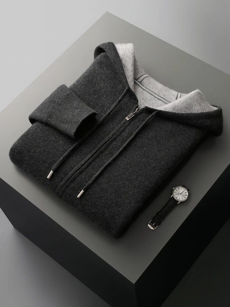 

Autumn Winter Men's Thick 100% Merino Wool Knitwear Hooded Cardigan Casual Loose Sweater Sports Sweatshirt Zipper Drawstring Top