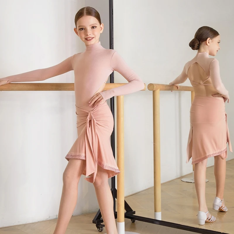 키즈 라틴 댄스 의상 소녀 핑크 블랙 라인스톤 스커트 차차 룸바 삼바 댄스 훈련 연습 공연 착용 DNV21744