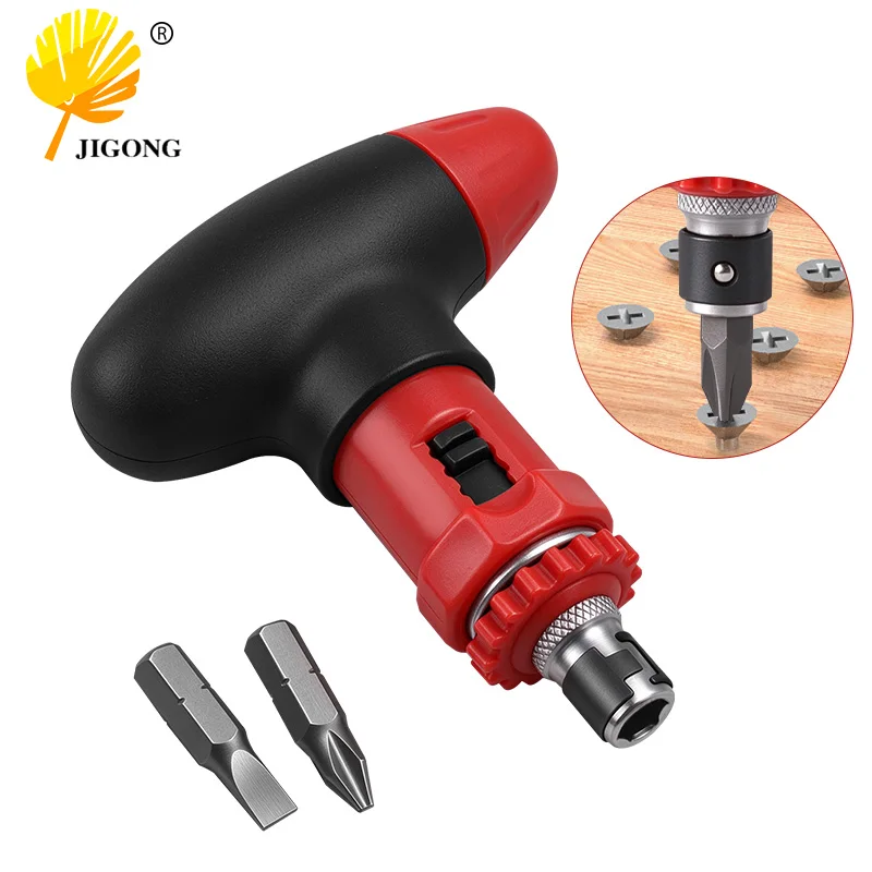 T Handle Ratchet Screwdriver Reversible 6.35mm Quick Change Driver with 2 Screwdriver Bits Manual Hand Repair Tool