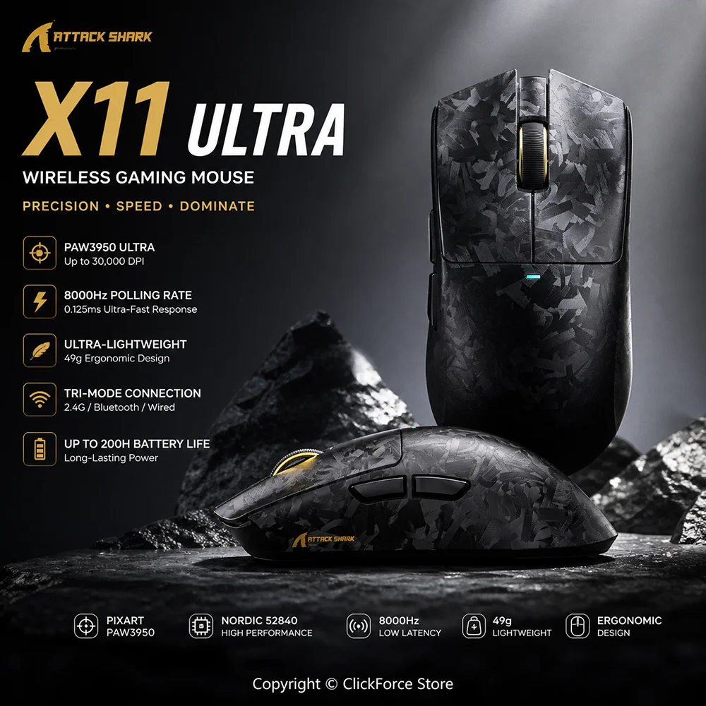 ATTACK SHARK X11 ULTRA 8000Hz Wireless Gaming Mouse 59g Carbon Fiber PAW3950MAX 42000DPI Tri-Mode Bluetooth Professional mouse