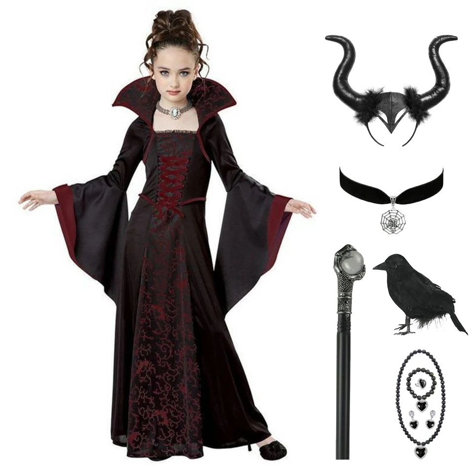 Halloween Witch Costume For Girl Childrens Long Flared Sleeve Lace Dress Maleficent Cosplay Clothes Scary Disguise Clothing