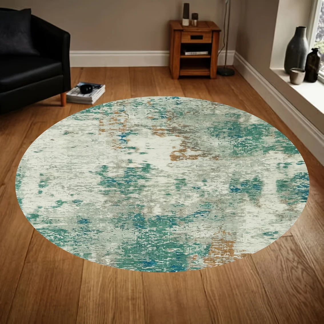 2d Printed Deep Blue White Striped Border Round Area Rug Non Slip Floor Mat For Modern Minimalist Home Decor Gift
