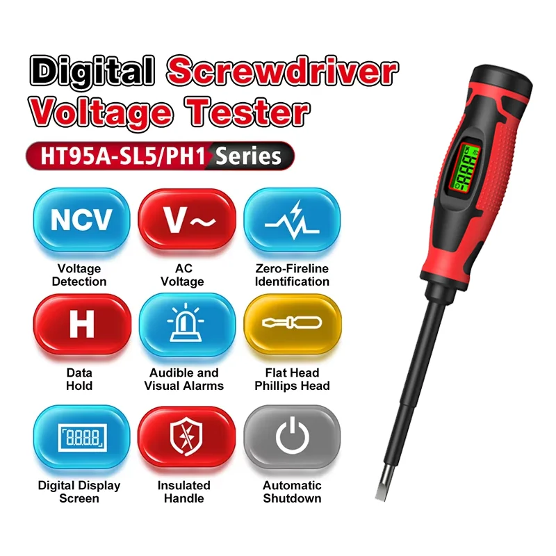 HT95A-SL5 Digital Screwdriver Voltage Tester AC 60-1000V NCV Detection LCD Display Electrical Pen Live/Neutral Wire Detector