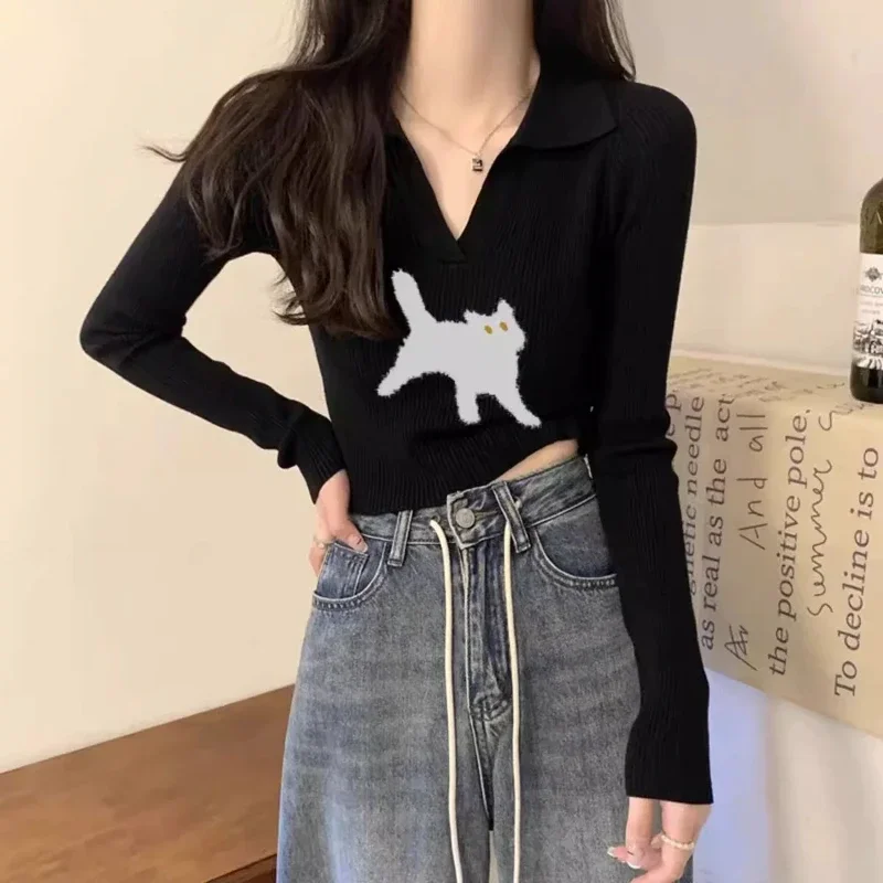 Deeptown Y2k Coquette Vintage Women Sweater Cat Korean Fashion V Neck Knitted Pullovers Harajuku Long Sleeve Slim Autumn Jumper