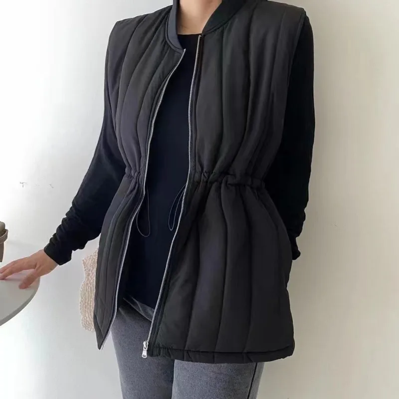 [EWQ] chaquetas de plumón con diseño de cordón sin mangas, chalecos sólidos sueltos informales para mujer, chaleco con cremallera, abrigo, otoño 2024, nuevo 16O1950