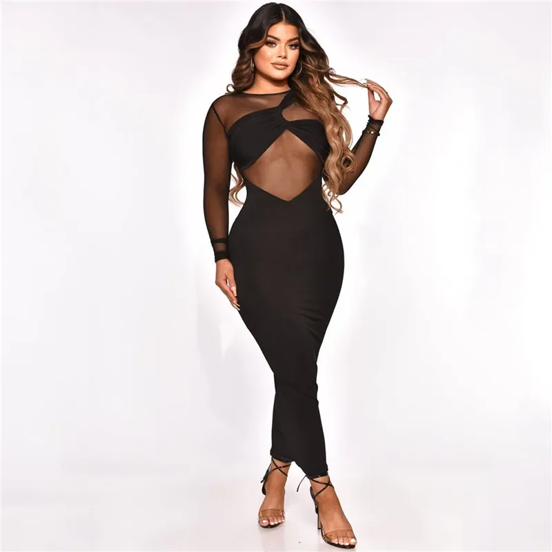 Sexy malha sheer clube vestidos para mulheres festa de aniversário roupas elegante manga longa retalhos meia-noite bodycon maxi vestido