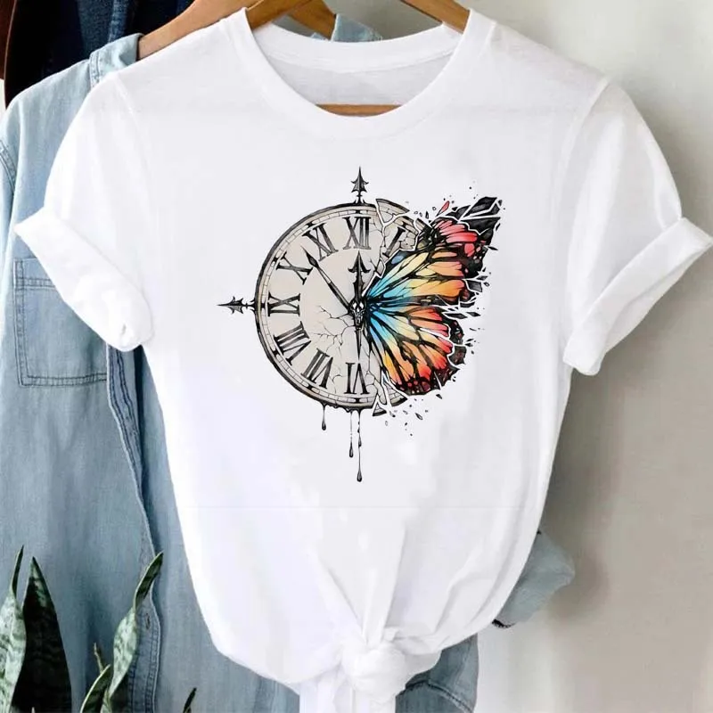 Cotton 100% Summer Burst Cute Cartoon Butterfly Trend Letter Print Top T-shirt Woman Tops  Oversized T Shirt  Aesthetic Clothes