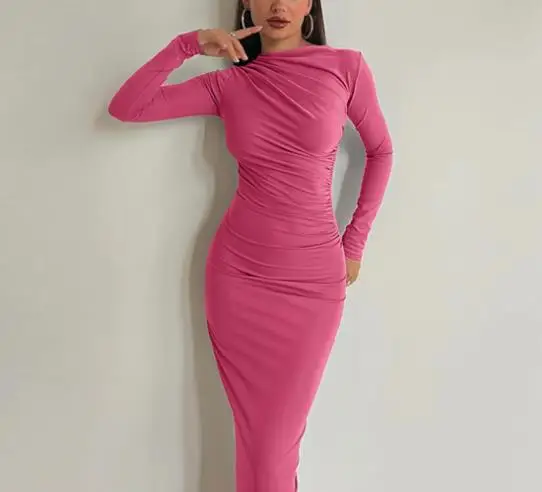 فستان جديد لربيع وخريف 2025 أنيق ومثير بقصة ضيقة ونمط راقي بلون سادة ومزاج طويل على الورك للنساء #4