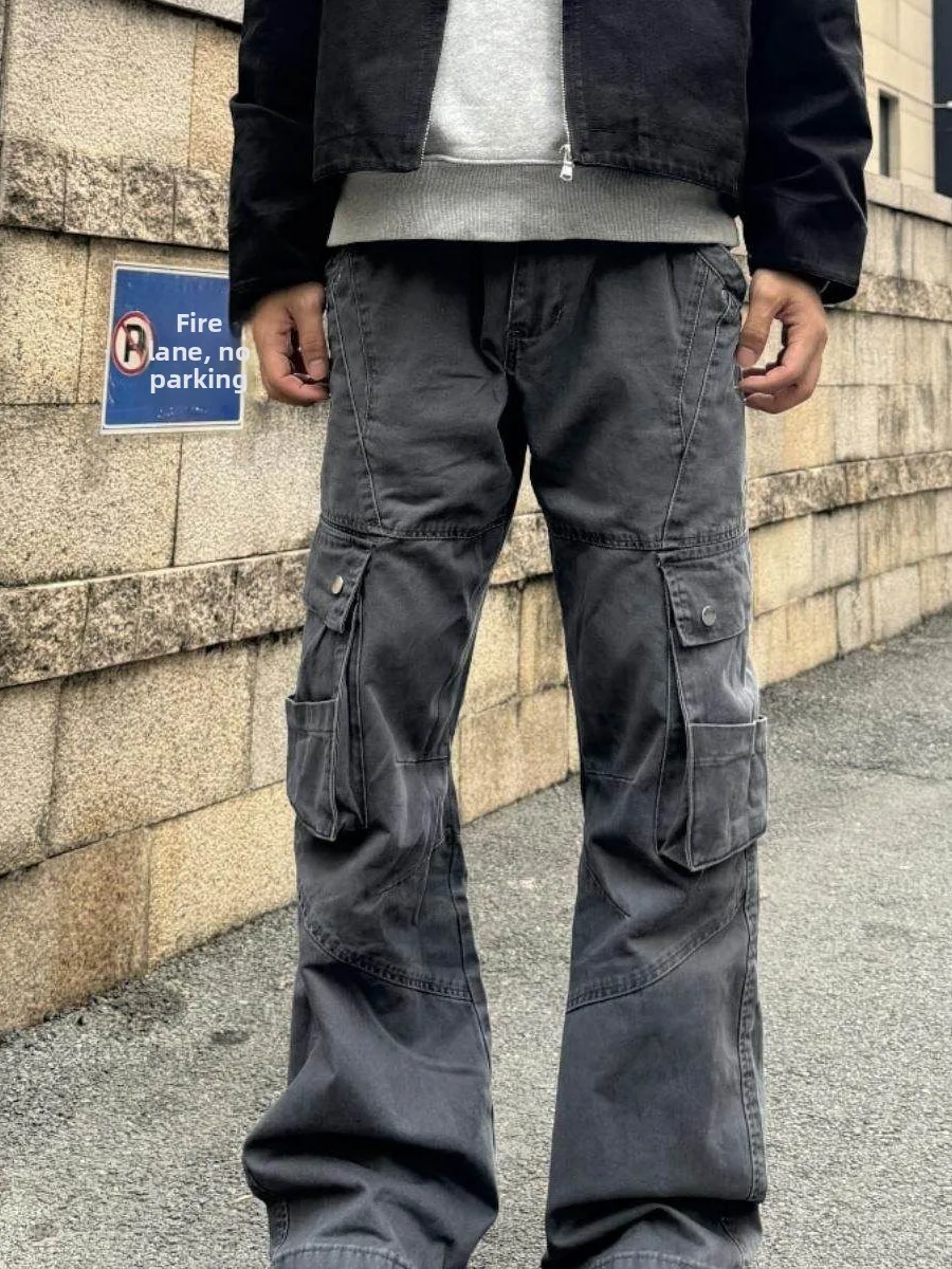 

Trendy Men's Cargo Pants Straight Leg Casual Waed Bla ey Long Trousers mid Waist Large Size Spring Autumn Wear