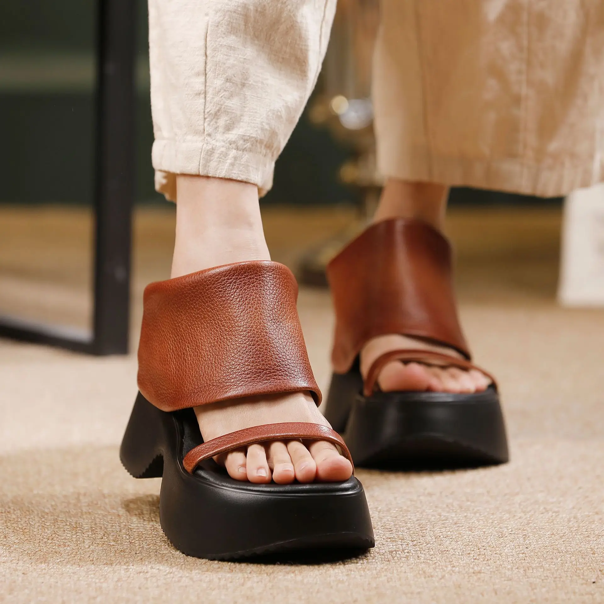 Y2K Retro Genuine Leather Thick Platform Mules High Block Heel Open Toe Slide Slipper Designer Vintage Wedge Sandals Streetwear