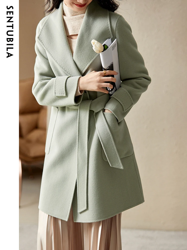 SENTUBILA 100% Wool Warm Double Sided Woolen Coat Women 2024 Autumn Winter Lapel Woolen Jacket Single Button Overcoats W24O42049