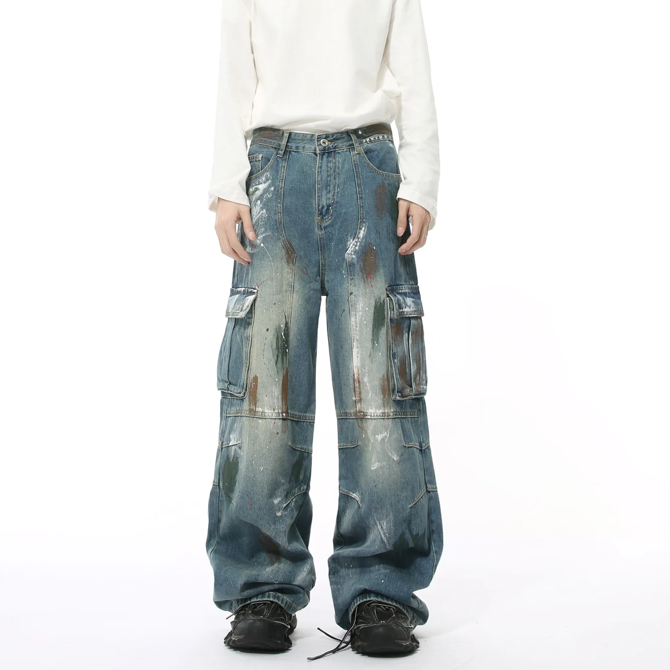 

American Retro Splash-ink Distressed Multi Pocket Wide Leg Cargo Jeans Baggy Graffiti Workwear Jeans Denim Vintage Trousers Y2k