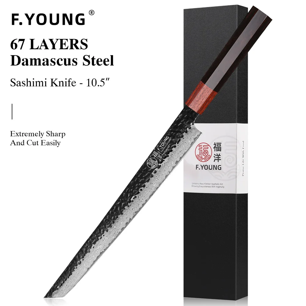 F.YOUNG Japanisches Kochmesser, Damaststahl, professionelle Küchenmesser, Fleischschneiden, Sashimi Utility, handgeschmiedete Kochutensilien 7