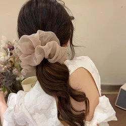 New Woman Large Solid Color Chiffon Scrunchies Elegant Women Mesh Rubber Band Black Beige Pink Ponytail Holders Hair Accessories