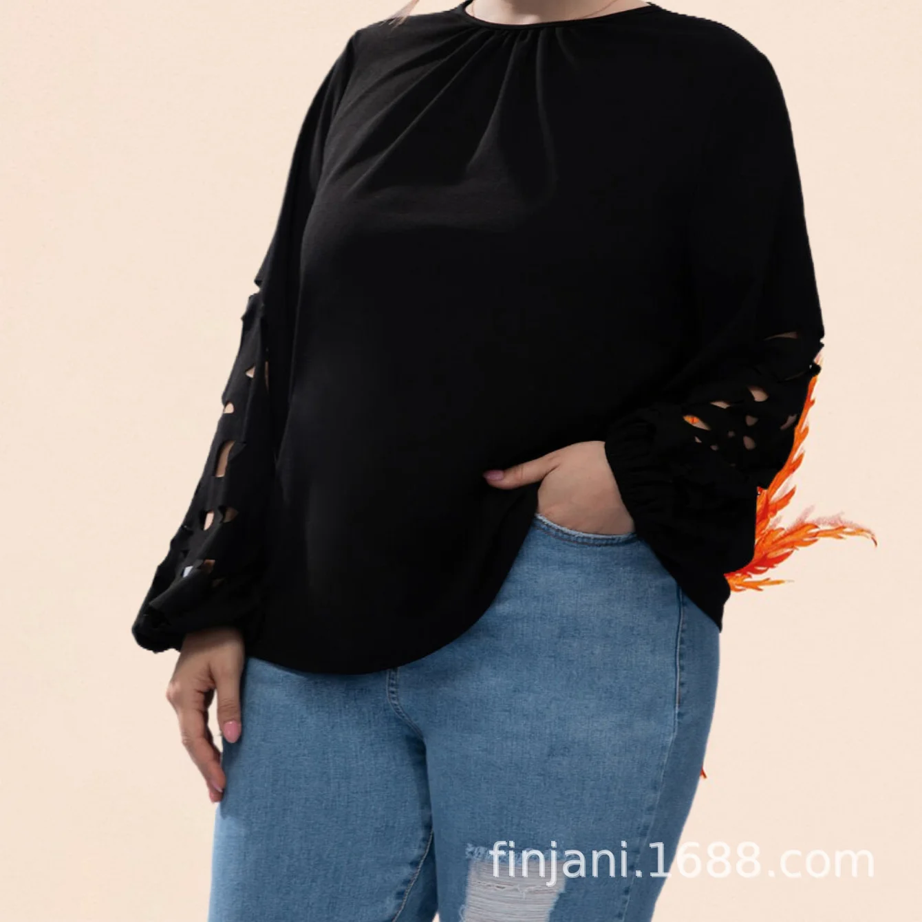 Plus Size Frauen T-Shirt Mode hohle Langarm Plissee Rundhals-Shirt Herbst neue große lässige weibliche einfarbige Tops