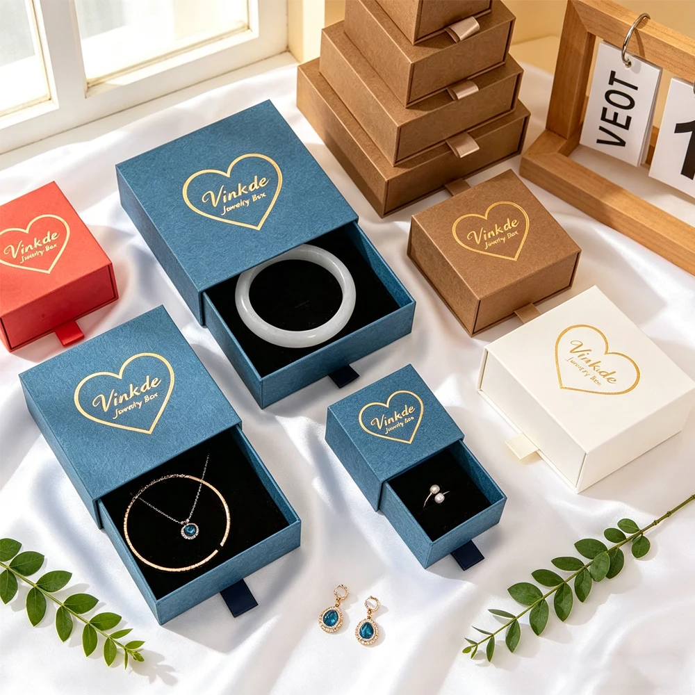 

50Pcs Custom Logo Jewelry Box 8x8x4.2cm Jewelry Packaging Boxes Luxury Handmade Drawer Gift Case For Earrings Necklace Bracelet