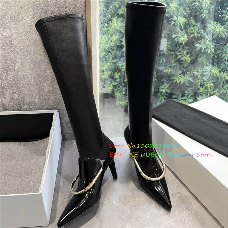 High Tube Metal Ring Knight Boots Pointed Toe Genuine Leather Elastic Sewing Slip On Stiletto Over The Knee Boots Fashion Shoes