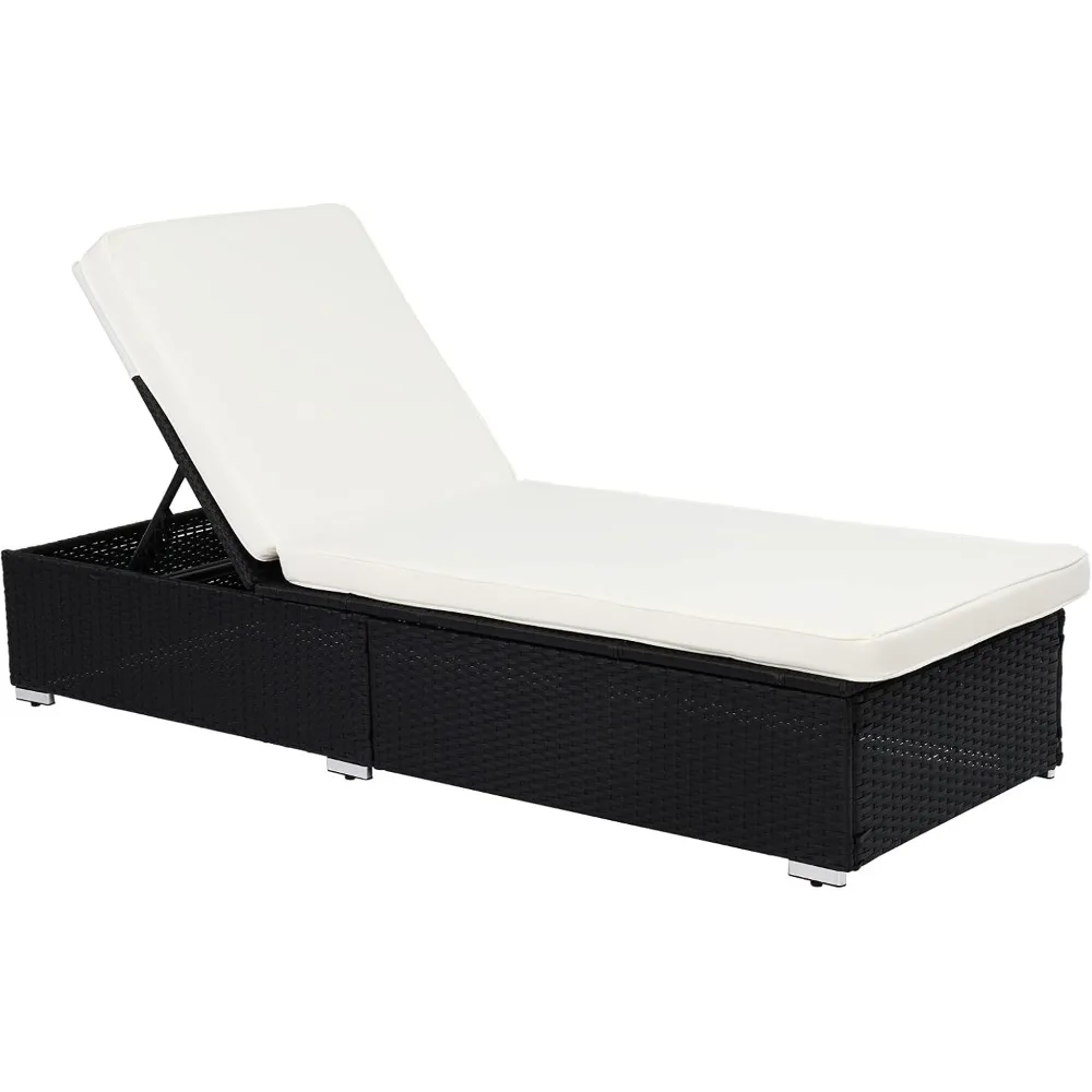 Outdoor Chaise Lounge with Adjustable Backrest, Patio Beach Poolside PE Wicker Rattan Lounge Chairs with Water Repellent Cushion