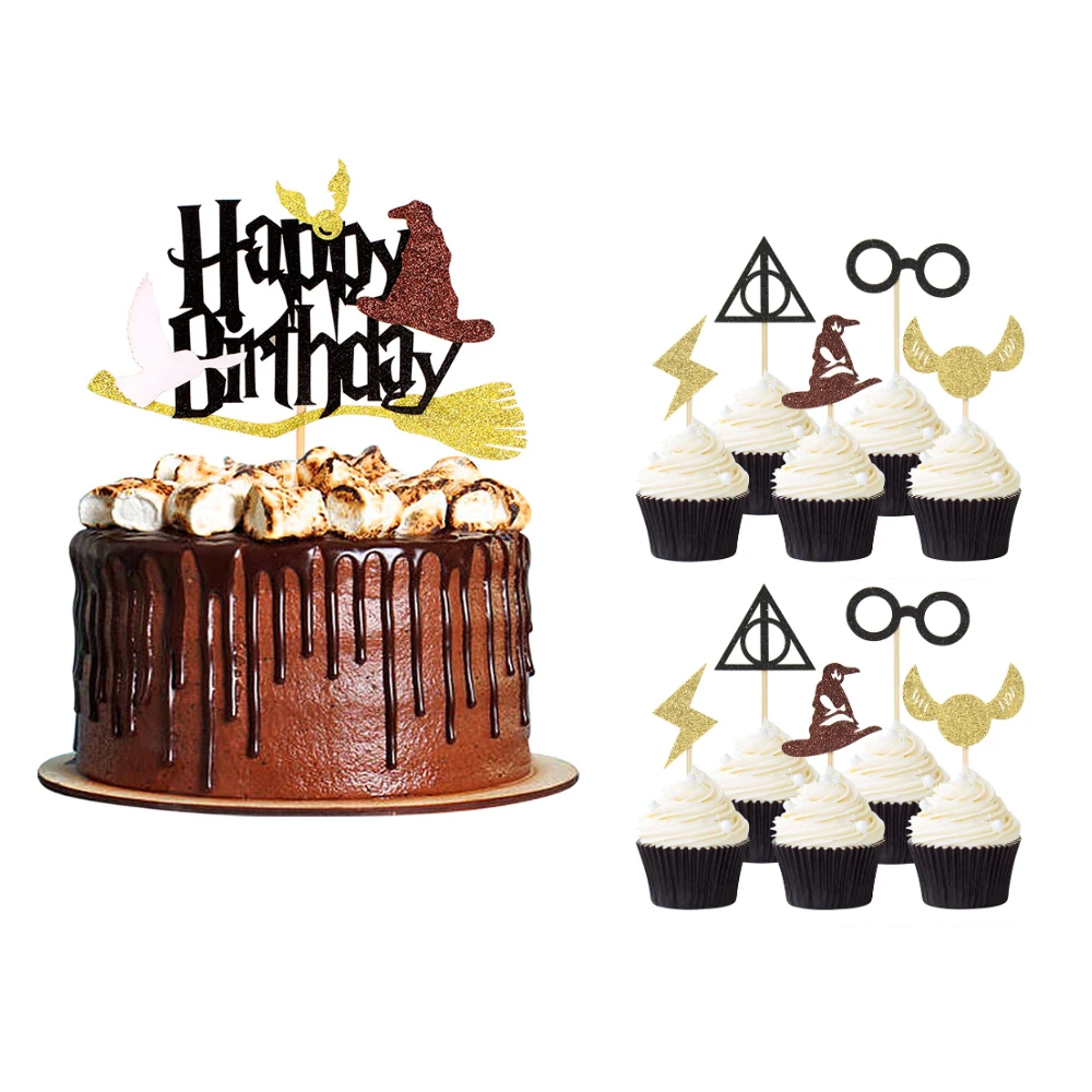 Harry Owl Themed Cake Topper Magic Hat Dessert Ice Cream Decor Props Kids Wizard Birthday Party Cupcake Decoration Supplies