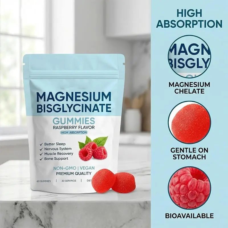 60 Count Magnesium Bisglycinate Gummies Support Nervous System Bone Muscle Health Custom Formula Raspberry Flavor Non-GMO Vegan