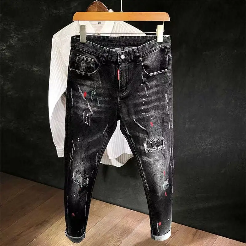 Spring Autumn 2026 Man Designer Splashing Ink Ripped Jeans Men's Trendy Brand Slim-fit Elastic  Men's Korean Trendy Beggar Pants