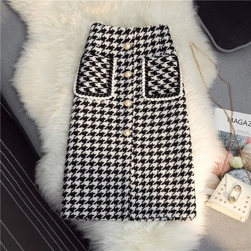 2023 Autumn and Winter Women's Button Patchwork Zipper Pockets Plaid Slim Underlay Fashion Casual Elegant Commuter Midi Skirts