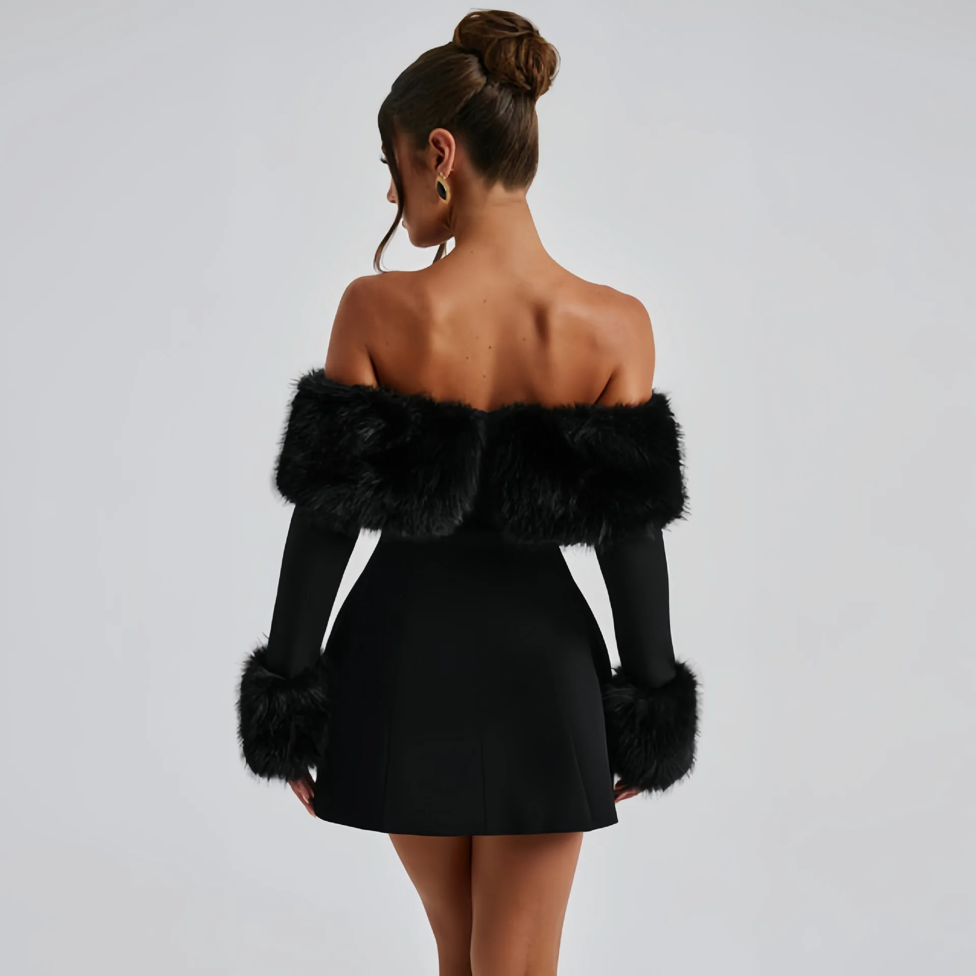 Women's 2025 spring new fashion fur collar one-line shoulder tight temperament wrapped hip dress plush long-sleeved skirt